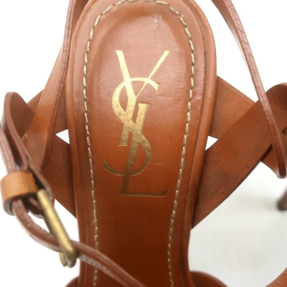 Yves Saint Laurent Tribute Wood-Effect Platform Sandals Brown Leather Size 36 - Picture 11 of 12